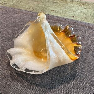 Murano Style Art Glass Basket Dish Bowl Amber White & Clear Glass Swirl Design